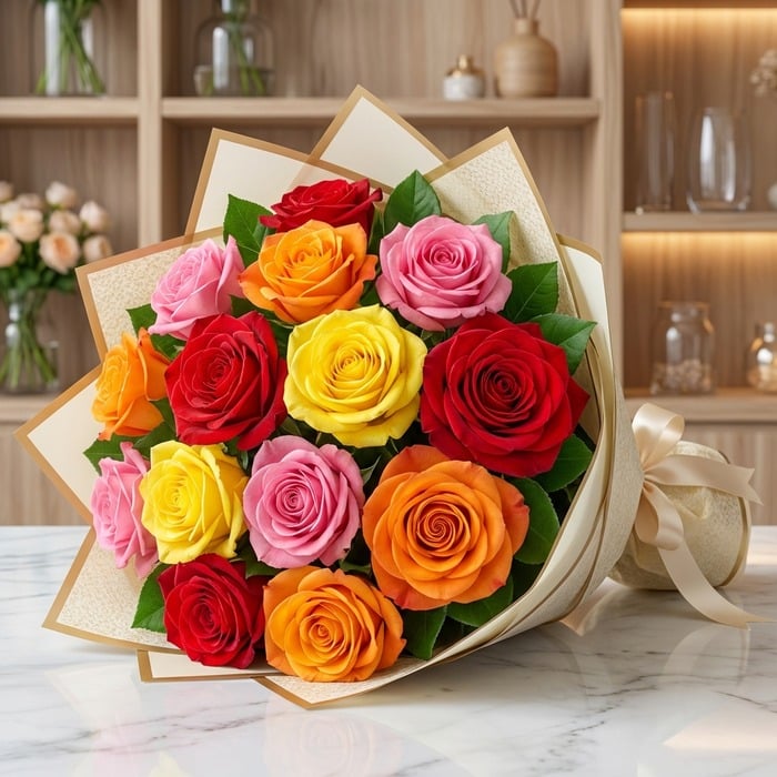 Ramillete o bouquet de rosas multicolor vibrantes con empaque elegante, ideal para ecommerce de floristería premium.