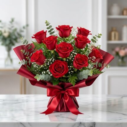 Ramillete o bouquet de rosas rojas frescas y abiertas con follaje verde, envuelto en papel rojo satinado con un lazo a juego,