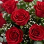 Primer plano extremo de un ramillete de rosas rojas frescas con gotas de rocío, mostrando textura hiperrealista y colores vib