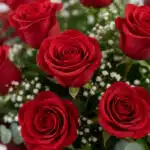 Primer plano extremo de un ramillete de rosas rojas frescas con gotas de rocío, mostrando textura hiperrealista y colores vib