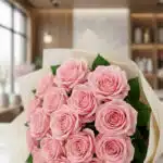 Primer plano extremo de un ramillete de rosas rosadas frescas con gotas de rocío sutiles, textura hiperrealista y colores vib