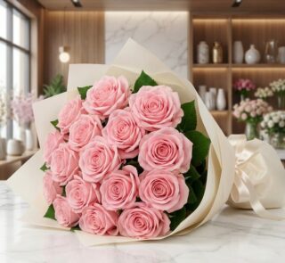 Ramillete o bouquet de rosas rosadas frescas y abiertas, con empaque elegante color crema, sobre superficie de mármol en flor