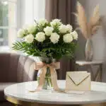 Ramo de 18 rosas blancas SERENA en jarrón de cristal con lazo dorado, tarjeta de regalo y sobre, sobre mesa de mármol en un e