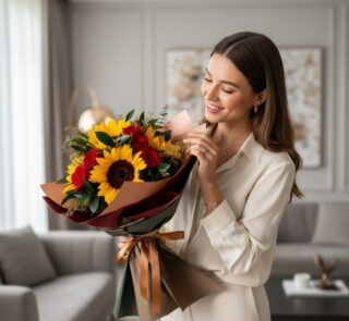 Mujer sonriente admirando el Ramo Aurora de Rosas y Girasoles, con girasoles vibrantes y rosas rojas, en un elegante salón de