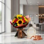 Ramo Aurora de rosas rojas y girasoles vibrantes, envuelto elegantemente, con tarjeta de regalo y cinta de satén sobre mármol