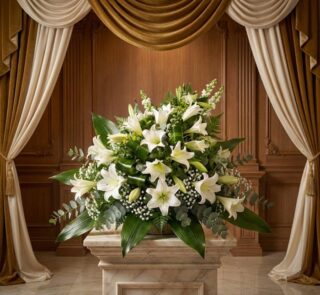 Ramo fúnebre Abdiel con lirios blancos y follaje verde, presentado elegantemente en una sala de velación con cortinas doradas