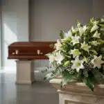 Ramo fúnebre Abdiel con lirios blancos y follaje verde en una sala de velación moderna, con un ataúd desenfocado al fondo.