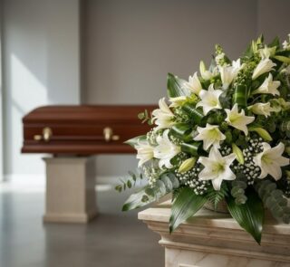 Ramo fúnebre Abdiel con lirios blancos y follaje verde en una sala de velación moderna, con un ataúd desenfocado al fondo.