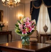 Elegante ramo fúnebre 'Eli' con lirios rosados y capullos verdes, envuelto en papel verde y lazo de seda, sobre una mesa de m