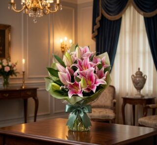 Elegante ramo fúnebre 'Eli' con lirios rosados y capullos verdes, envuelto en papel verde y lazo de seda, sobre una mesa de m