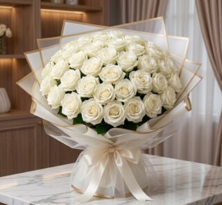 Impresionante ramo JACOBELLA de 60 rosas blancas frescas y abiertas, con empaque coreano elegante y lazo de seda, sobre mesa