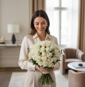 Mujer elegante sonriendo y admirando un gran ramo de 60 rosas blancas JACOBELLA, con un fondo de hogar de lujo desenfocado.