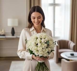 Mujer elegante sonriendo y admirando un gran ramo de 60 rosas blancas JACOBELLA, con un fondo de hogar de lujo desenfocado.