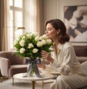 Mujer elegante oliendo un ramo de 18 rosas blancas Serena en un jarrón con moño gris, en un hogar de lujo.