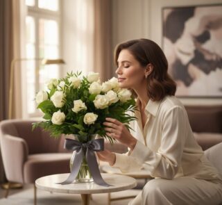 Mujer elegante oliendo un ramo de 18 rosas blancas Serena en un jarrón con moño gris, en un hogar de lujo.