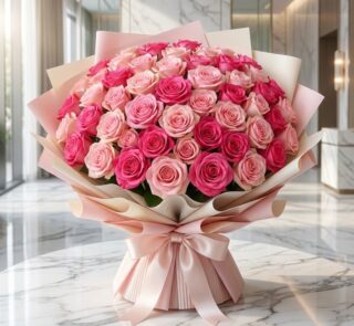 Impresionante ramo de 60 rosas fucsia y rosadas, con empaque coreano elegante, sobre mesa de mármol en floristería premium.