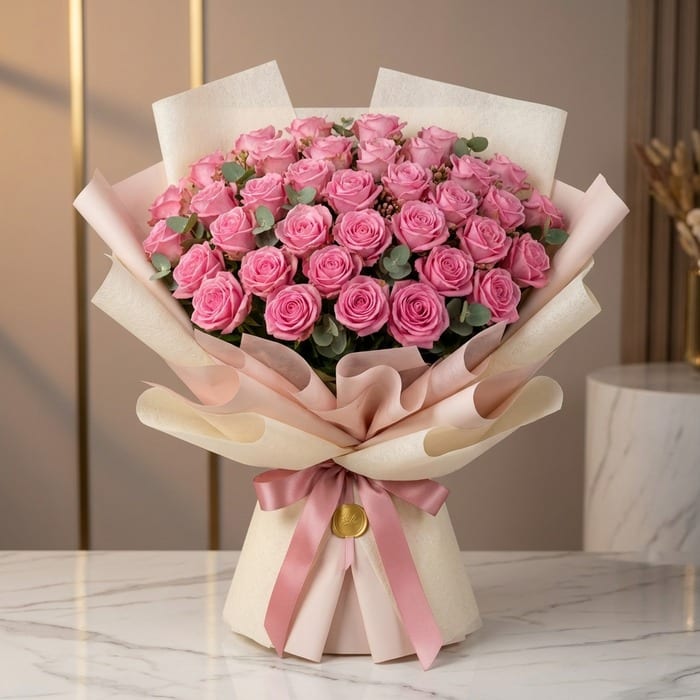 Ramo de 44 rosas rosadas Viviana con empaque coreano, sobre superficie de mármol, ideal para expresar sentimientos en florist