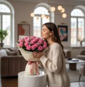 Mujer joven y elegante con suéter beige admira y huele un ramo grande de 44 rosas rosadas Viviana, envuelto en papel crema co