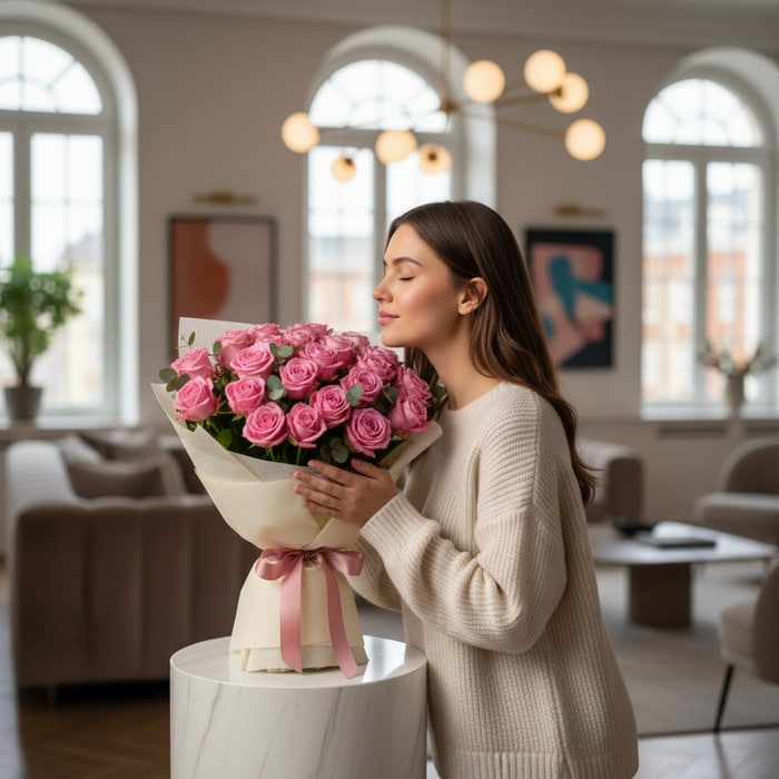Mujer joven y elegante con suéter beige admira y huele un ramo grande de 44 rosas rosadas Viviana, envuelto en papel crema co