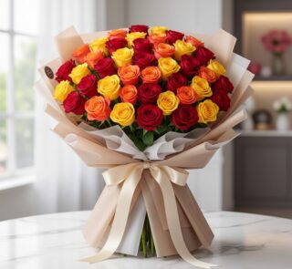 Impresionante ramo SYLVANA con 60 rosas rojas, naranjas y amarillas vibrantes, envuelto en papel coreano beige y atado con un