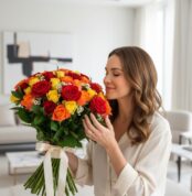 Mujer elegante y natural admirando el Ramo SYLVANA, compuesto por 60 rosas rojas, naranjas y amarillas, en un hogar de alto d