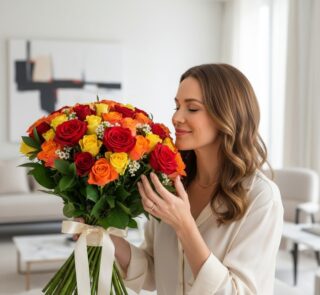 Mujer elegante y natural admirando el Ramo SYLVANA, compuesto por 60 rosas rojas, naranjas y amarillas, en un hogar de alto d