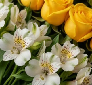Primer plano extremo de rosas amarillas y alstroemerias blancas con gotas de rocío, mostrando texturas hiperrealistas y color