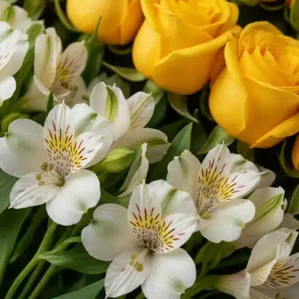 Primer plano extremo de rosas amarillas y alstroemerias blancas con gotas de rocío, mostrando texturas hiperrealistas y color