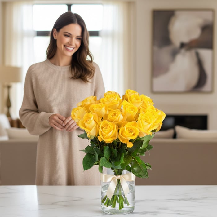 Mujer sonriente admirando un arreglo floral de 18 rosas amarillas en un jarrón de cristal con lazo, en un hogar de diseño luj