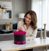 Mujer elegante admirando y tocando delicadamente un arreglo floral de 21 rosas fucsia vibrantes en una caja negra con moño fu