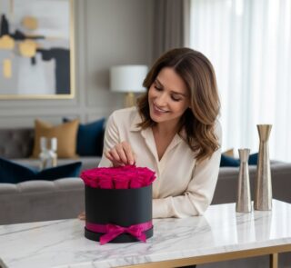 Mujer elegante admirando y tocando delicadamente un arreglo floral de 21 rosas fucsia vibrantes en una caja negra con moño fu