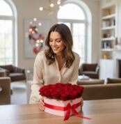 Mujer elegante admirando un arreglo floral de 24 rosas rojas premium en una caja rosa con forma de corazón y lazo rojo, en un
