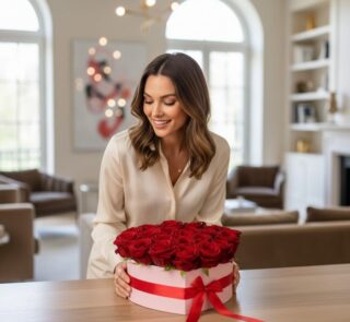 Mujer elegante admirando un arreglo floral de 24 rosas rojas premium en una caja rosa con forma de corazón y lazo rojo, en un