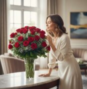 Mujer elegante admirando un jarrón de 80 rosas rojas frescas en un lujoso salón, con luz natural y fondo desenfocado.
