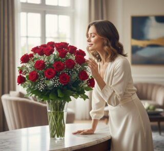 Mujer elegante admirando un jarrón de 80 rosas rojas frescas en un lujoso salón, con luz natural y fondo desenfocado.