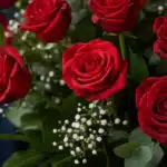 Primer plano extremo de rosas rojas frescas con gotas de rocío, hojas verdes y pequeñas flores blancas, destacando la textura