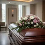 Arreglo floral Sereno Cubre Caja Fúnebre "Jardín de Ines" con rosas, margaritas y follaje sobre un ataúd de madera en una sal