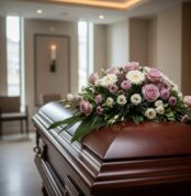 Arreglo floral Sereno Cubre Caja Fúnebre "Jardín de Ines" con rosas, margaritas y follaje sobre un ataúd de madera en una sal