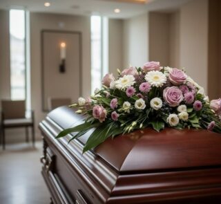 Arreglo floral Sereno Cubre Caja Fúnebre "Jardín de Ines" con rosas, margaritas y follaje sobre un ataúd de madera en una sal