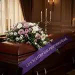 Cubre caja fúnebre "Jardín de Ines" con rosas lilas, margaritas blancas y flores moradas, sobre un ataúd de madera oscura en