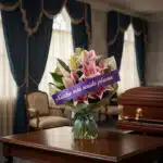Solemne bouquet fúnebre de lirios rosas con cinta morada 'Nuestro más sentido pésame' en sala de velación premium junto a ata