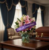 Solemne bouquet fúnebre de lirios rosas con cinta morada 'Nuestro más sentido pésame' en sala de velación premium junto a ata