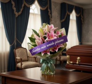 Solemne bouquet fúnebre de lirios rosas con cinta morada 'Nuestro más sentido pésame' en sala de velación premium junto a ata