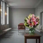 Solemne Bouquet Fúnebre de Homenaje Eli con lirios rosas vibrantes, presentado en una sala de velación moderna con un ataúd d