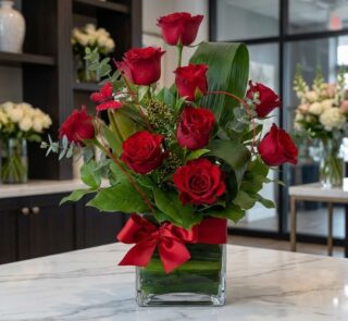 Arreglo floral Solitario ROSETTA con seis rosas rojas vibrantes en jarrón de cristal, lazo rojo, hojas verdes y mariposa deco