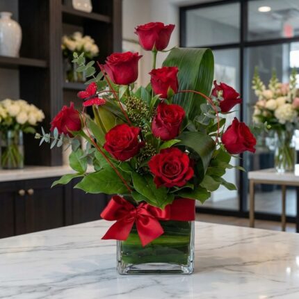 Arreglo floral Solitario ROSETTA con seis rosas rojas vibrantes en jarrón de cristal, lazo rojo, hojas verdes y mariposa deco