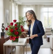 Mujer elegante admirando un Solitario Floral ROSETTA con seis rosas rojas, follaje verde y moño rojo, en un interior de lujo.