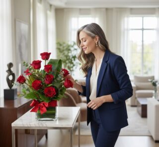 Mujer elegante admirando un Solitario Floral ROSETTA con seis rosas rojas, follaje verde y moño rojo, en un interior de lujo.