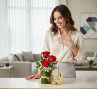 Mujer joven sonriendo y admirando un solitario de tres rosas rojas en base de cristal con follaje, junto a una caja de bombon