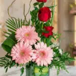 Primer plano extremo de Solitario Tu Recuerdo, mostrando rosas rojas con rocío y gerberas rosadas vibrantes, hojas verdes y r